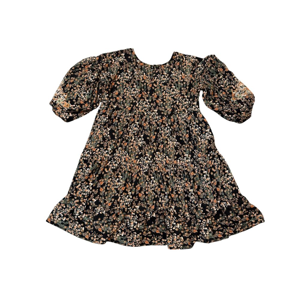 Solitaire Black Floral Mini Dress with Peach and Cream Accents